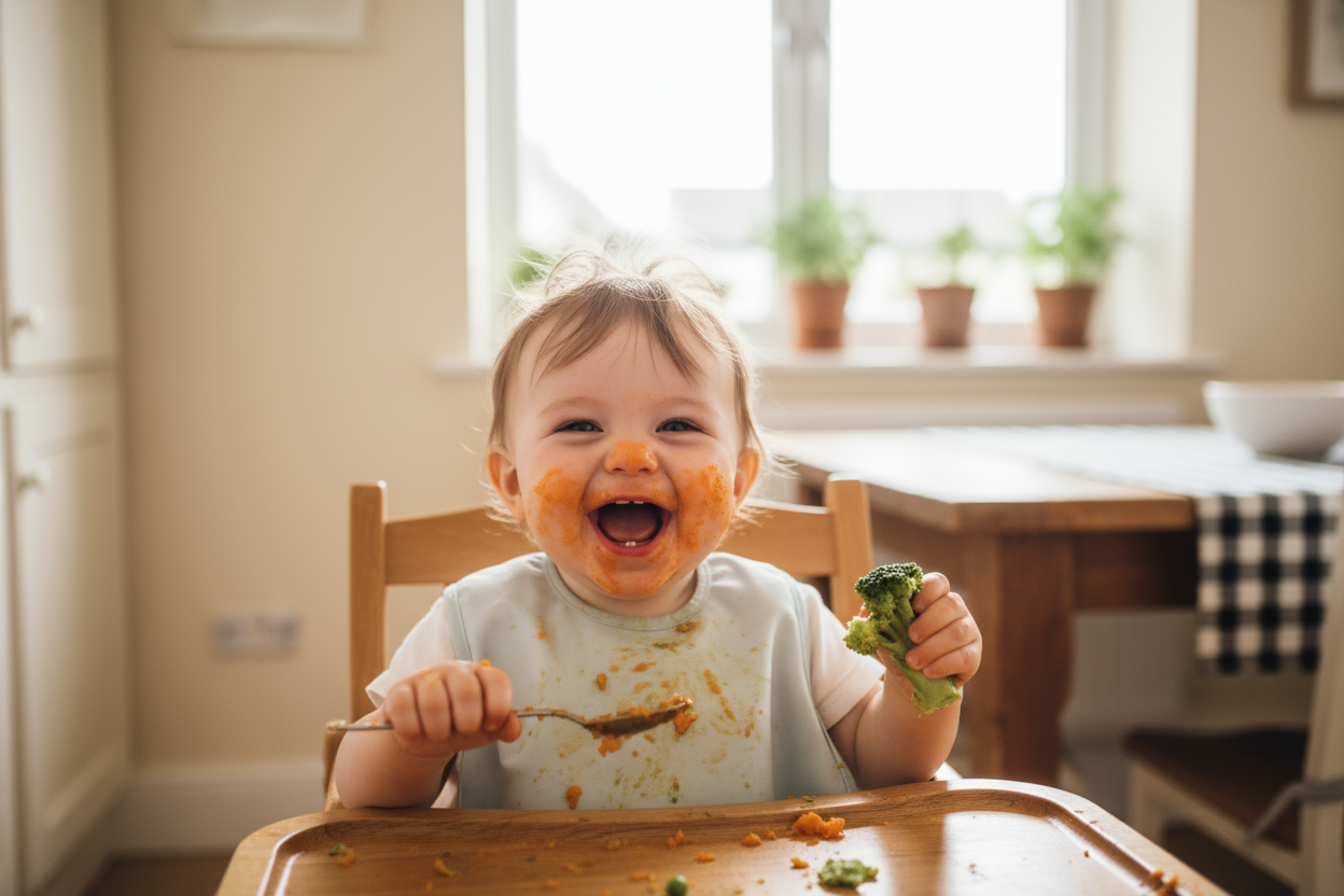 bebé comiendo en silla