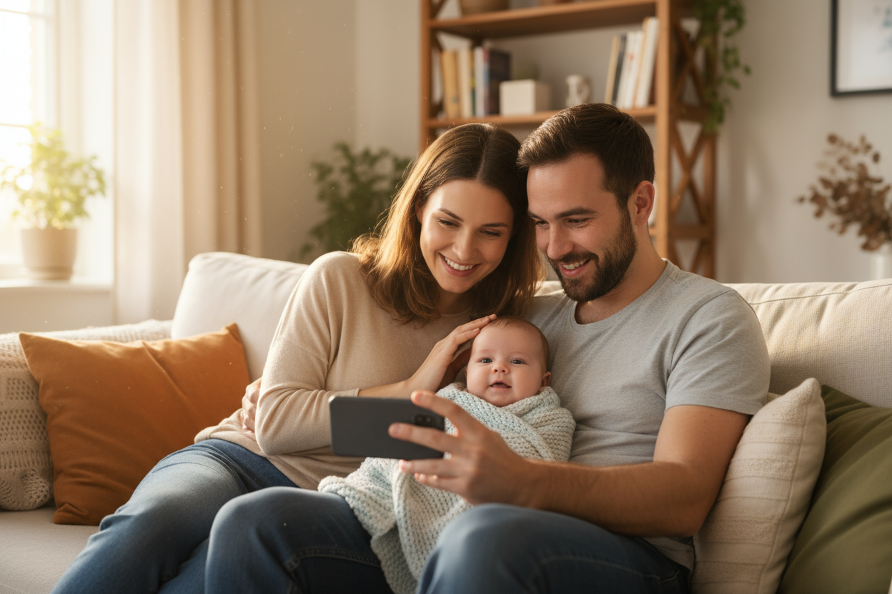 padres con su bebé y un teléfono celular}