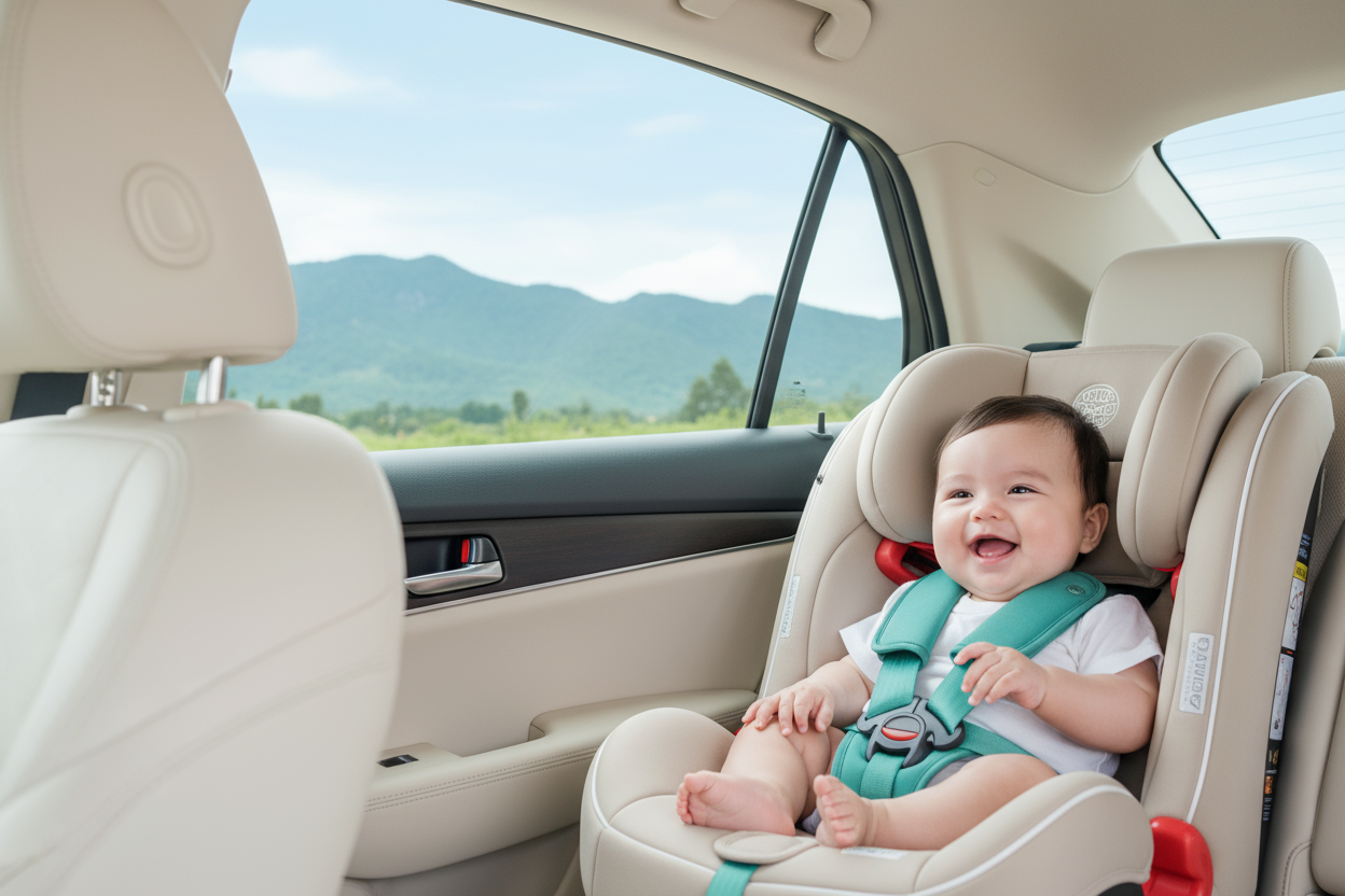 una fotografía con fondo claro, mostrando el interior de un auto desde un ángulo lateral o trasero. El bebé está sentado sonriente en su silla, bien sujeto con el cinturón, mientras el paisaje exterior (montañas suaves, cielo celeste claro y algunos árboles) se percibe de fondo.
La paleta debe ser pastel y luminosa, con predominio de beige, celeste y verde agua, evitando zonas oscuras o contrastes fuertes.