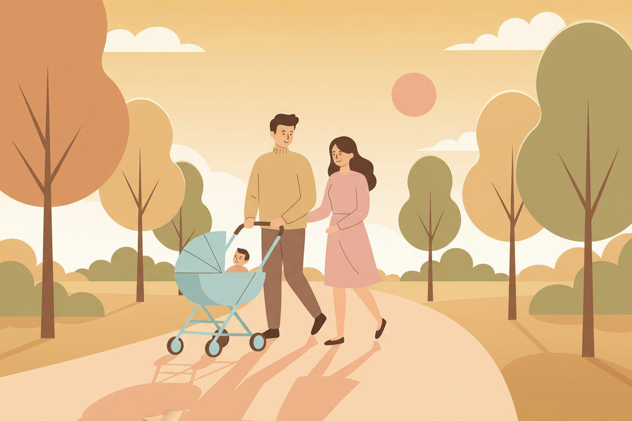 Una ilustración cálida y minimalista que muestre una familia disfrutando de un paseo al aire libre, con colores suaves y tonos pastel. El entorno puede incluir un camino o parque, con árboles y luz de atardecer, transmitiendo calma, conexión y seguridad. La escena debe evocar el momento cotidiano de salir con el bebé en su cochecito, representando bienestar y confianza en el producto.