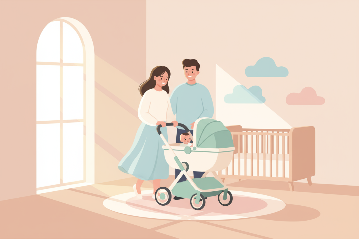 Una ilustración cálida y minimalista que muestre una familia disfrutando de un paseo al aire libre, con colores suaves y tonos pastel. El entorno puede incluir un una habitación de niño, transmitiendo calma, conexión y seguridad. La escena debe evocar el momento cotidiano de salir con el bebé en su cochecito, representando bienestar y confianza en el producto.